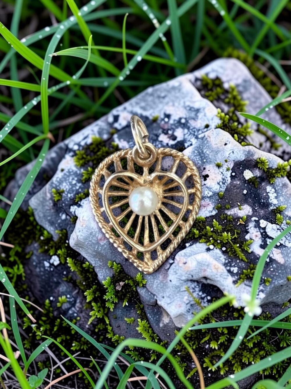 Vintage 10k Gold Pearl Heart Pendant Openwork Radiating Spoke Design